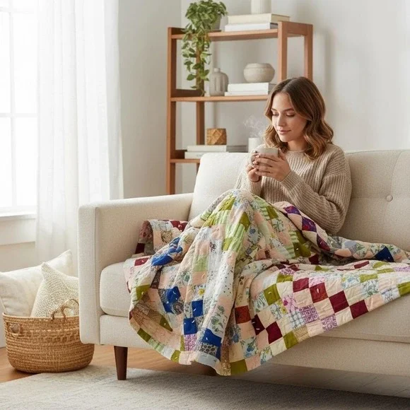 Handmade Patchwork Quilt Reversible Floral Backing Cottagecore Farmhouse Decor - Picture 3 of 9